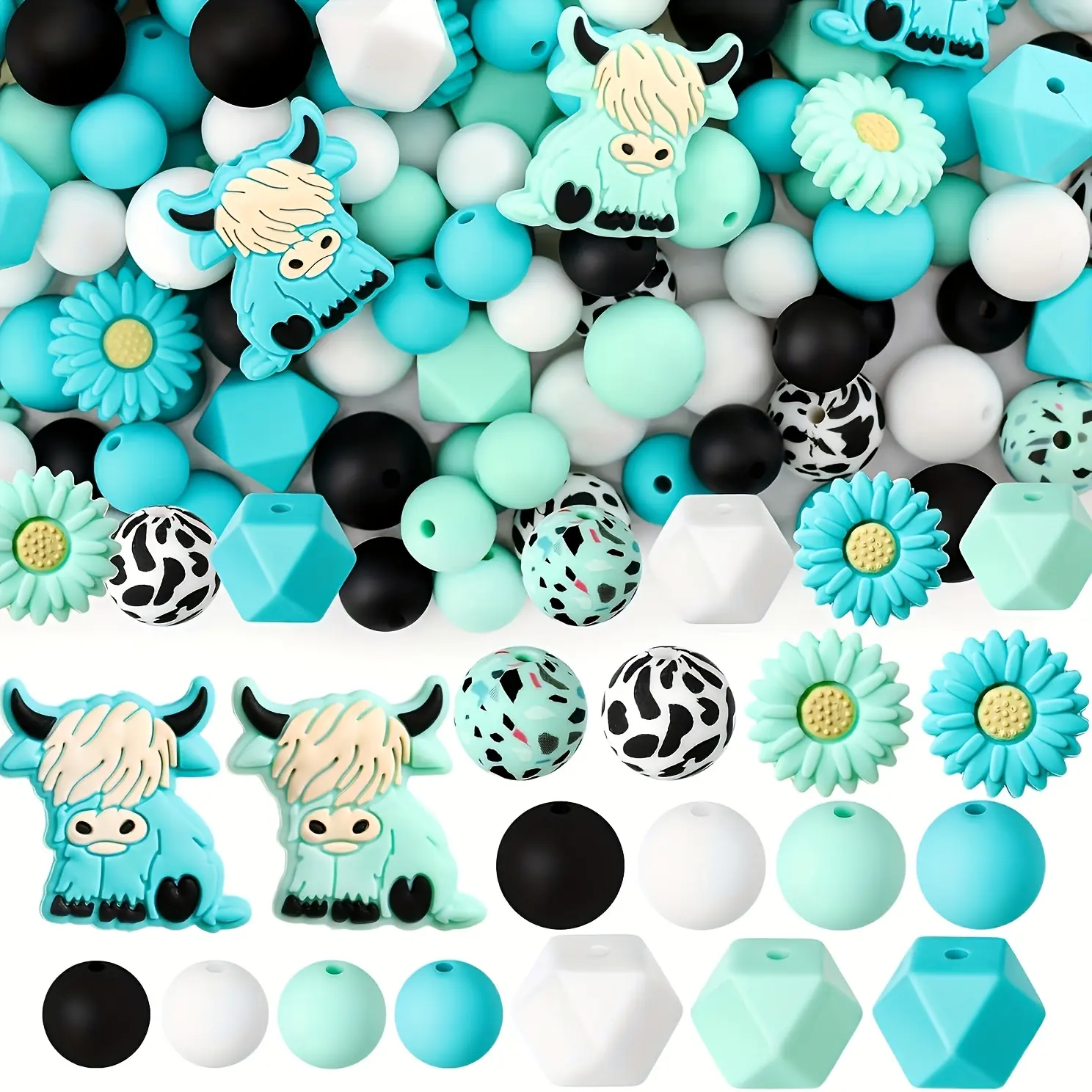 100-Piece 3D Highland Bull's Eye Daisy Flower Silicone Beads Set, Green & Blush Gray, for DIY Beading & Jewelry Making (Toys & Hobbies)