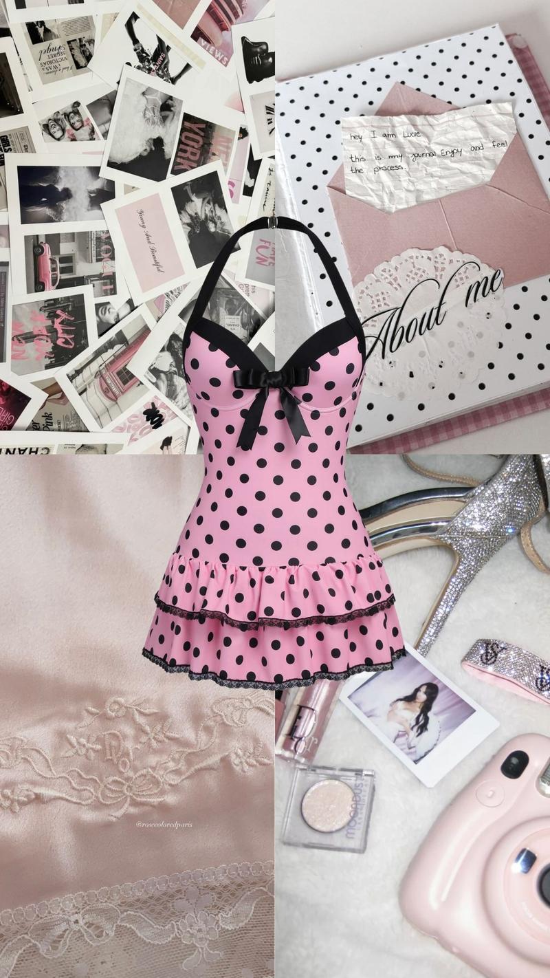 PINK 1940S HALTER POLKA DOTS BOW ONE-PIECE SWIMSUIT Vintage Charm Dainty Bow Ruffled Hem Comfortable Fit Backless Design Womenswear Comic Womenswear