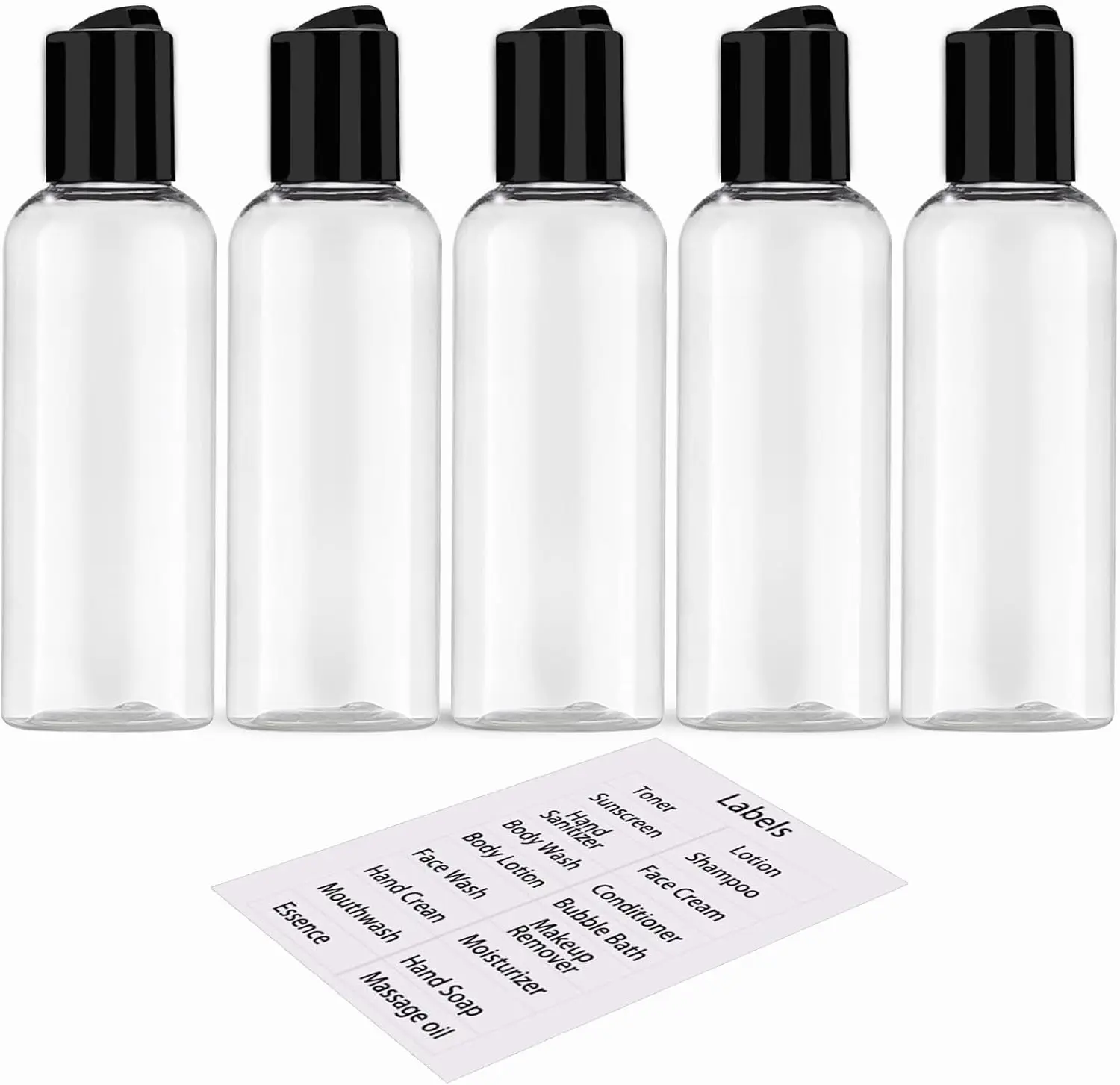 5-Pack 3.4 oz Round Modern Travel Toiletries Bottles, TSA-Approved Leakproof Plastic Empty Containers, Built to Survive Carry-On Travel, Wide Mouth for Simple Filling, with Labels, Wide Mouth Makes Filling Simple