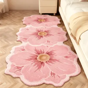 French Cream Style Living Room Carpet Pink Flowers Floral Area Rug Bedroom Decoration Dressing Table Special-shaped Rug Home Thickened Lounge Bathroom Washable Floor Mat Ins Style Bedside Bay Non-slip Floor Mat Fluffy Soft Dressing Room Plush Carpet