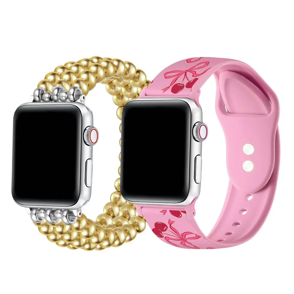 Posh Tech 2pk Smart Watch Band Set Universal Fit for Apple Watch Samsung Galaxy Garmin 20mm - Gold Bead/Pink Silicone