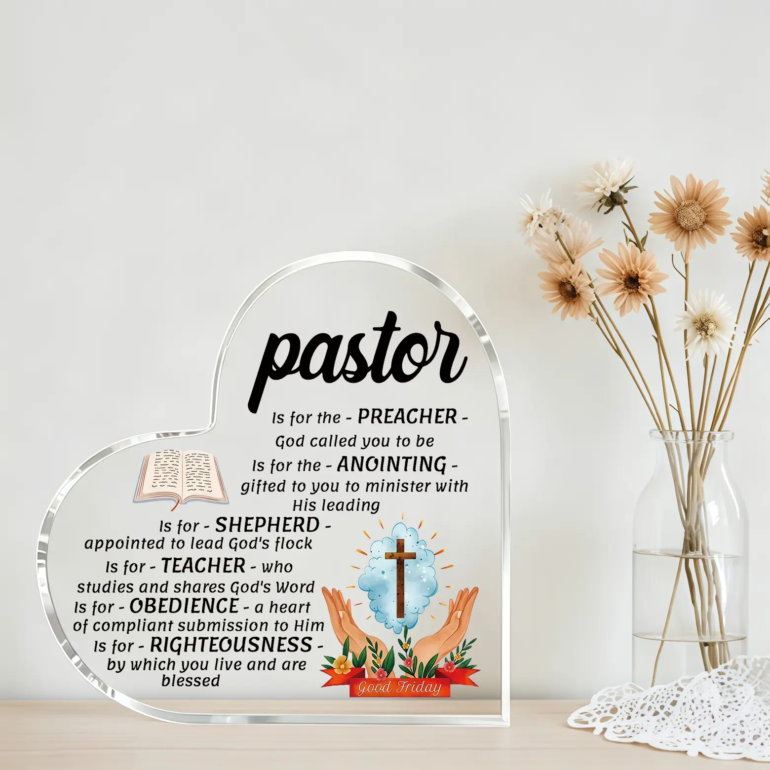 Heart Shaped Acrylic Pastor Appreciation Desk Plaque with Cross Bible Print, Religious Thank You Gift for Pastor Minister Clergy, Pastor Appreciation Day Christmas Church Office Table Decor Keepsake Sign