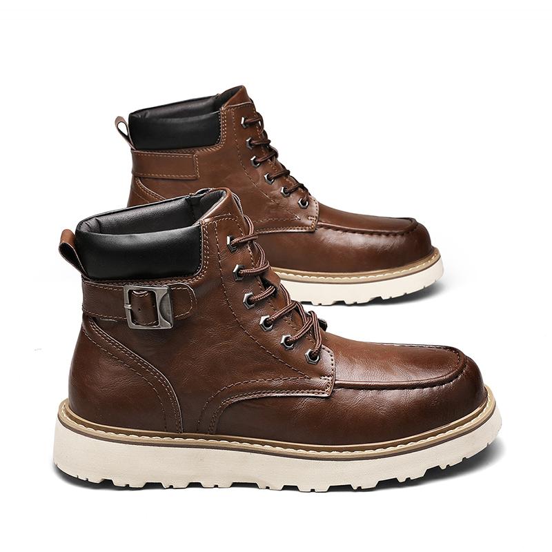 Men's Brown Classic Work Boots - Leather Upper with Belt Buckle Brown Lace-Up Ankle-High Design Non-Slip Rubber Sole for Hiking & Daily Casual Steel Toe Footwear Boy Memory Foam-Like Comfort Cushioning Adjustable Straps for Comfort Fit Durable Waterproof