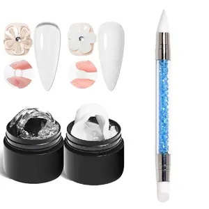 3pcs FourLily Non-stick Solid Gel Kit Include Double Headed Pen, Clear an White 3D Gel Nail Set for Extended Nail Gel Nail Shaping and Sculpting with Stereo Nail Shaping Gel, Nail Art Polygel Nail Kit