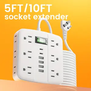 Power Strip Featuring Multiple Outlets And Surge Protection, Equipped with 12 AC Outlets, 4 USB-A Ports, 2 USB-C Ports, And a 5-Foot Extension Cord. It Includes Overload Protection And an On/Off Switch