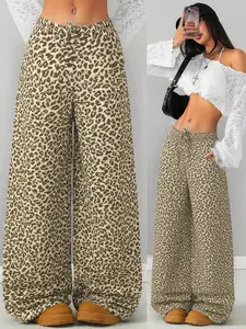 Girls' Casual Leopard Print Drawstring Closure Wide Leg Pants, Trendy Street Style Natural Waist Straight Leg Trousers, Comfortable & Versatile, Casual Fashion Trousers
