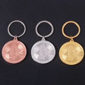 Keychain In The Shape Of Bitcoin, Made Of Golden Metal, With A Golden Coin As A Commemorative Pendant