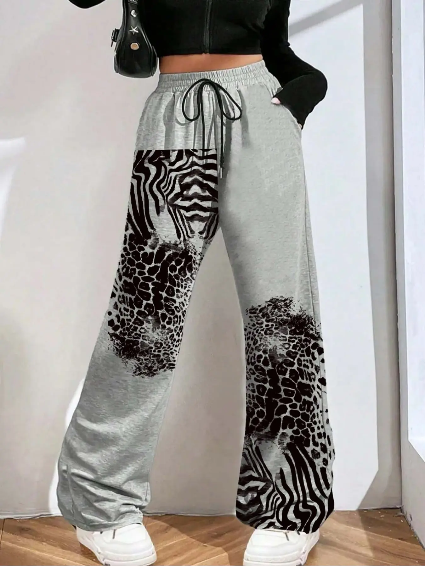 Women's Casual Sporty Pants, Tiger Print Drawstring Loose-Fit Wide Leg, All-Season Comfortable Ladies' Long Trousers