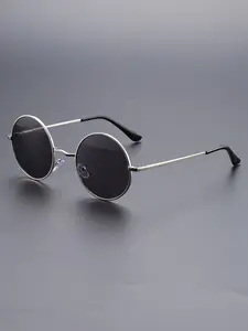 Vintage Round Frame Metal Thin Frame Sunglasses, Blue Reflective Lenses, Uv400 Protection, Daily Wear Shades, Fashionable Sun Glasses
