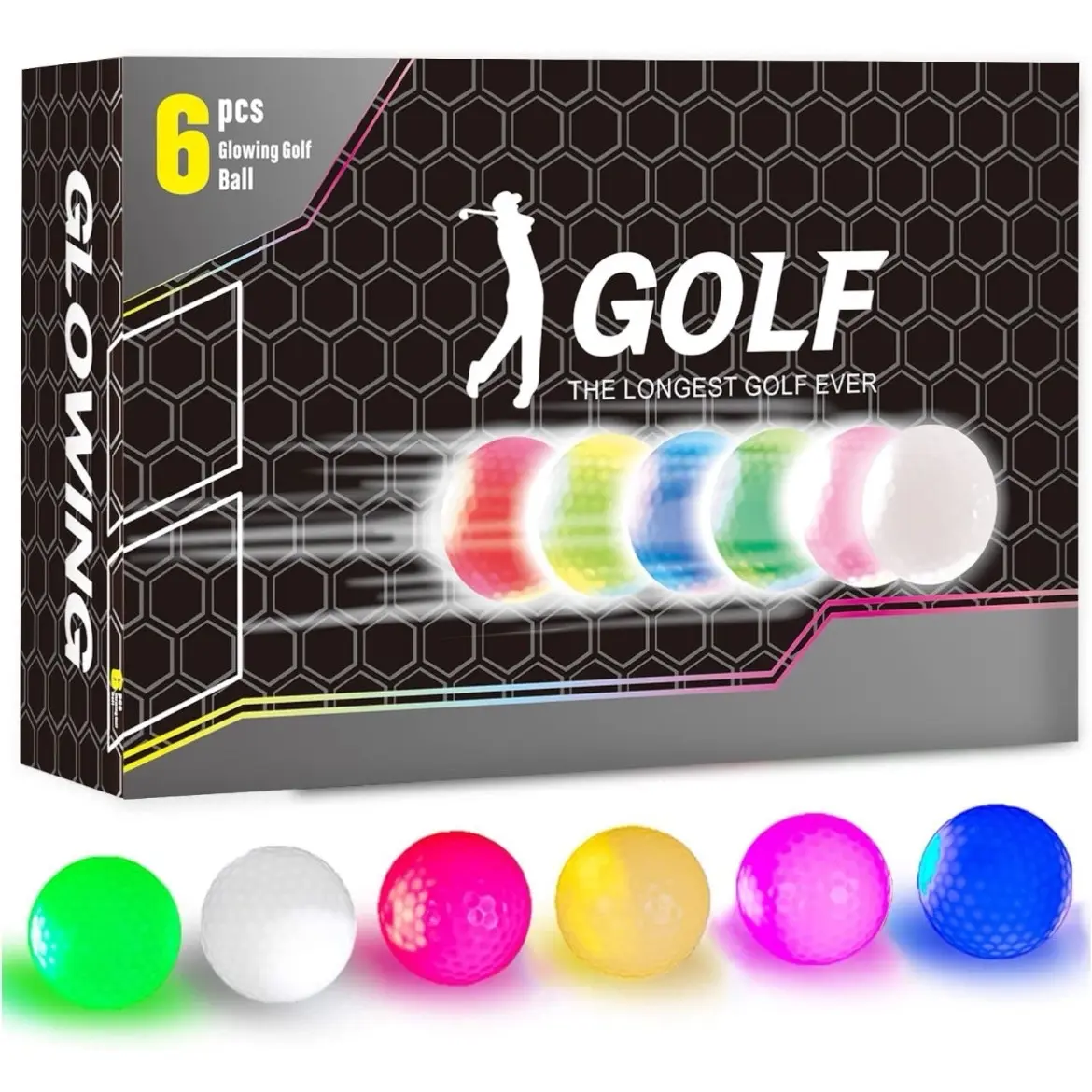 Glow in The Dark Golf Balls, Night Glowing Long Distance LED Golf Ball Colored, Golf Sports Games for Men Women and Children (6 Colors)