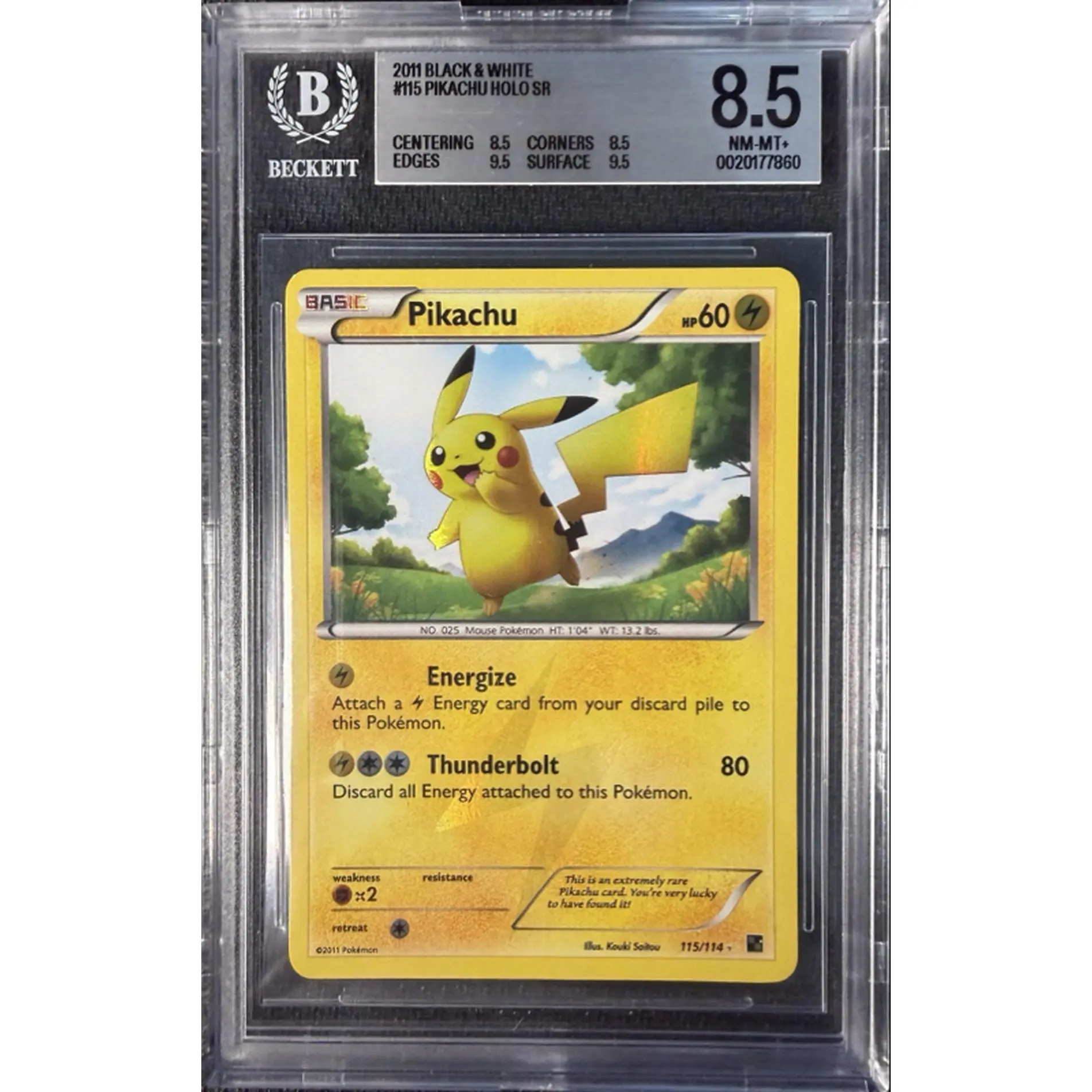 Beckett 2011 Black & White #115 Pikachu Holo SR 8.5 NM-MT Graded Pikachu English Pokemon Card with 8.5 Centering, Edges, Corners, and Surface