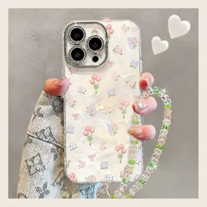 Cute Floral Phone Case with Wrist Strap for iPhone 17 /Pro Max, Acrylic Aesthetic Shockproof Cover with Bling Camera Lens Protector, Clear Glitter Flower Case for Women Girls
