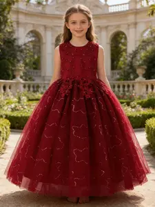 Girl's Floral Lace Embroidery Tulle Dress, Elegant Sleeveless Round Neck A Line Dress for Party Wedding Guest, Kids Clothes for Summer, Embroidered Tulle Dress