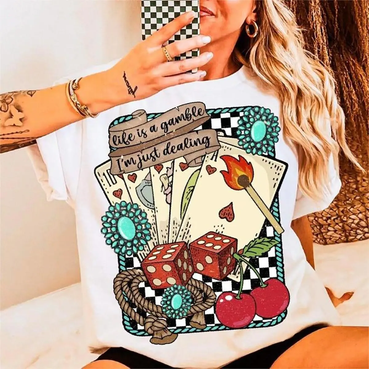 Menswear Retro Turquoise "Life Is A Gamble" Western Cowboy Printed T-Shirt - 100% Cotton Casual Fabric, 180G/230G Short-Sleeve/Hoodie, Loose-Fitting, Soft Vibe, Streetwear, USA-Made, All Seasons, Cold Wash Slip-On Men's Top