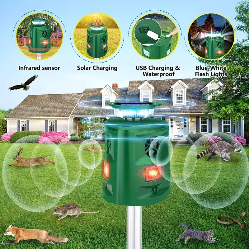 Upgraded 360° Solar Ultrasonic Animal Repellent Device - Solar Illuminated, Motion Sensor, LED Strobe, Blue and White Light, Bird Calls, for Home Yard Pest Control Security, Led Strobe Lights