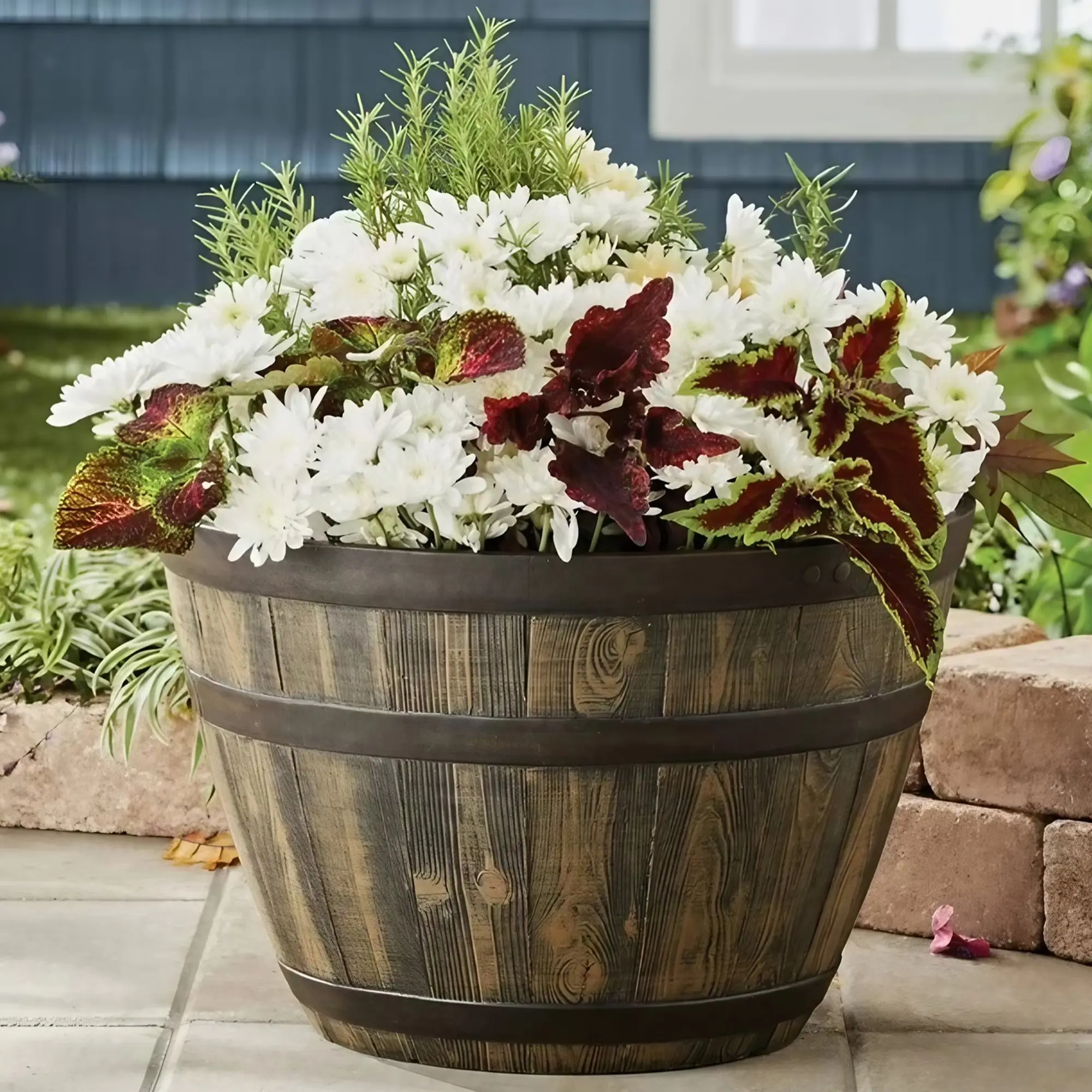 Rustic Whiskey Barrel Brown Barrel-Shaped Flower Pots & Planters, 100% Recycled Resin 19.9in x 19.9in x 13in, Both Indoor/Outdoor with Easy Knock-Out Drainage Holes, UV-Resistant Crack-Proof Wood Grain Design