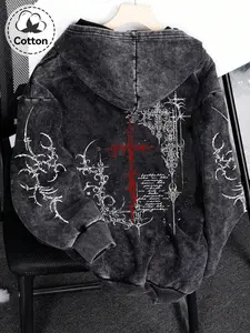 Men's Zip-Up Gothic Style Hoodie with Graphic Thorn Cross Print, Casual Cotton Spring & Fall Cardigan for Daily Wear, Loose-Fitting Hooded Casual Cozy Sweatshirt