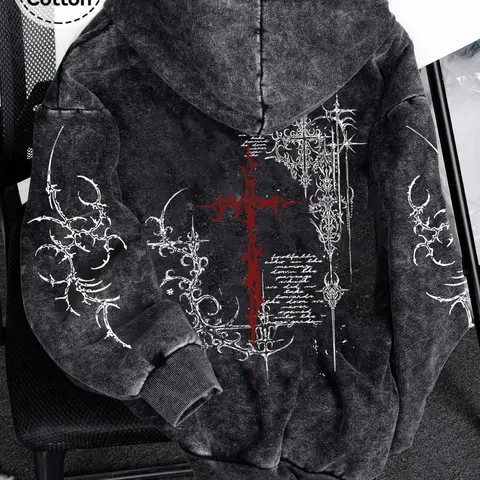 Men's Zip-Up Hoodie with Graphic Thorn Cross Print, Casual Cotton Spring & Fall Cardigan for Daily Wear, Loose-Fitting Hooded Sweatshirt, Zipper Hoodie