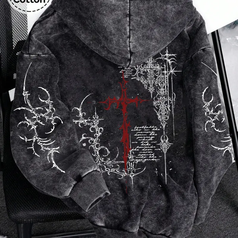 Men's Zip-Up Hoodie with Graphic Thorn Cross Print, Casual Cotton Spring & Fall Cardigan for Daily Wear, Loose-Fitting Hooded Sweatshirt, Zipper Hoodie