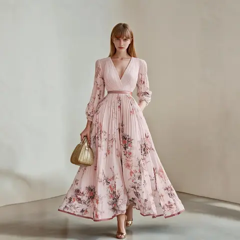 Women's Floral Print Casual Maxi Dress, Deep V-Neck, Long Lantern Sleeves, Pleated Flowy Boho Style, With Waist Belt, For Vacation Party - Womenswear Evening Dress