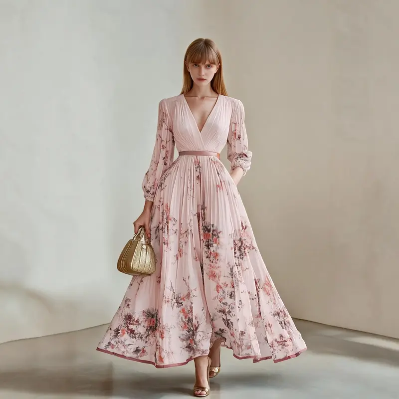 Women's Floral Print Casual Maxi Dress, Deep V-Neck, Long Lantern Sleeves, Pleated Flowy Boho Style, With Waist Belt, For Vacation Party - Womenswear Evening Dress