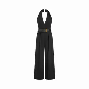 Cider Halter Neckline Lace Trim Wide Leg Jumpsuit With Belt SwimWeek