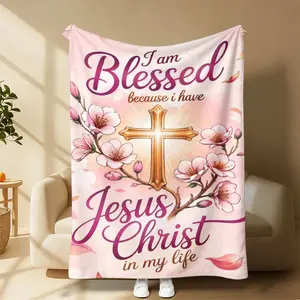 Soft Cozy Flannel Throw Blanket I Am Blessed Because I Have Jesus Christ Golden Cross Pink Cherry Blossom Plush Warm Lap Blanket, Christian Faith Spiritual Sofa Bedroom Decor,Perfect Easter Mother’s Day Birthday Gift For Faithful Christian Women Believers