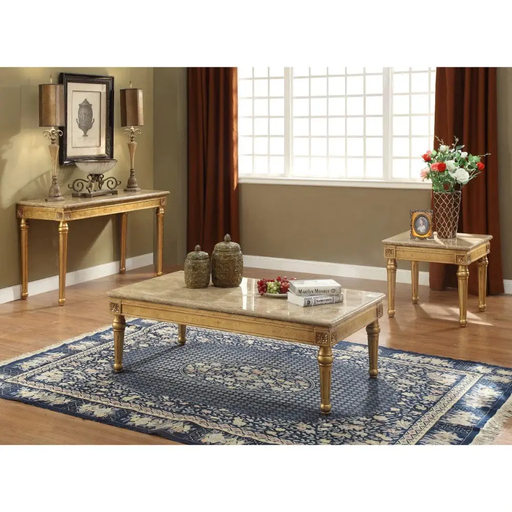 Benzara 20" Floral Carved Wood And Marble Coffee Table, Gold BM186978