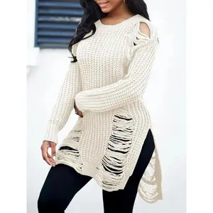 Women’s plain ripped drop-shoulder sweater with split hem, street fashion long-sleeve crewneck jumper for daily outdoor wear, women’s knitwear for fall and winter