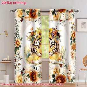 2D Flat 2Pcs Tiger with Floral Crown Window Curtains, Artistic Safari Animal Print Drapes, Half Sunshade Polyester Fiber Panels Grommets for Living Room Bedroom Kitchen Home Decor, Anti-Privacy Treatment .