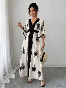 Women's Ethnic Print Long Dress, Loose-Fitting Half Sleeve One-Piece, Holiday Style, Long Dress with Ethnic Pattern, Made in China, Womenswear, Casual Wear