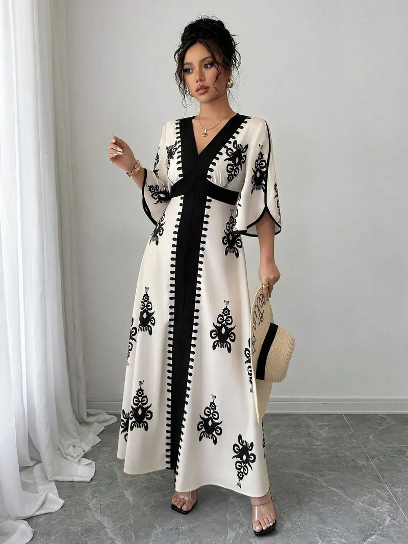 white christmas dresses 3/4 Sleeve Knee Length Folded Floral Print Chinese Style Casual Dress Boho Dress Red / Free Size main image 0