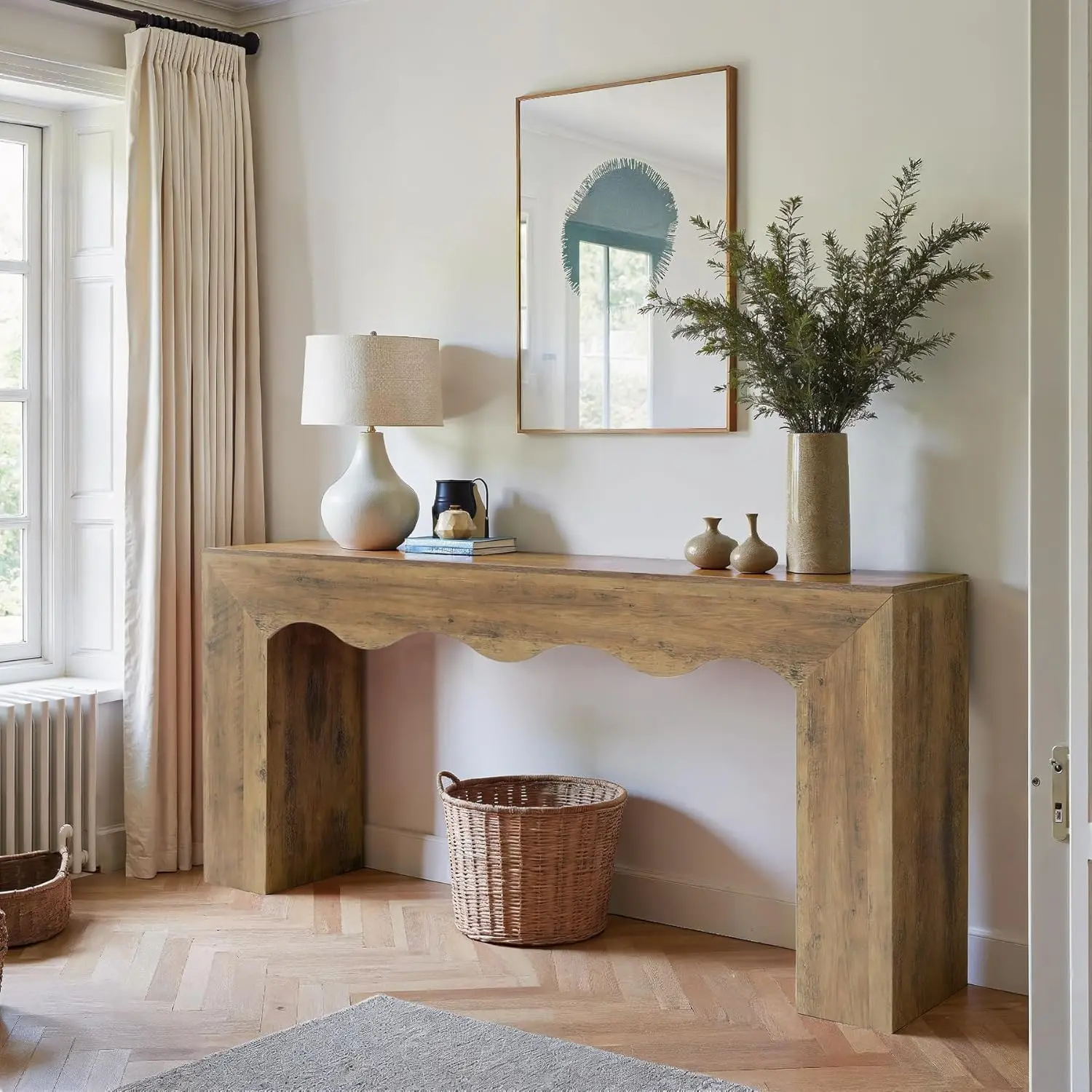 LITTLE TREE 63" Farmhouse Console Table, Wooden Couch Table Behind Sofa with Storage, Long Entryway Sofa Station, Narrow Console Stand with Base, Hallway Stand for Entryway, Living Room