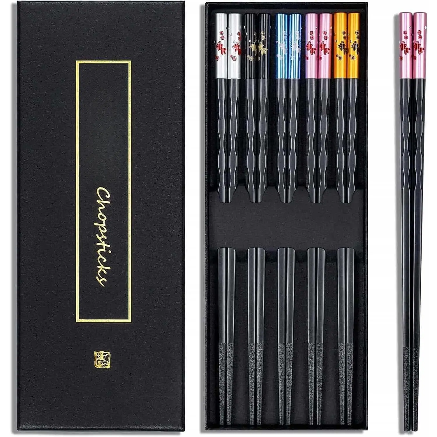 Fiberglass Chopsticks Series -  Non-Slip Chopstick, Reusable Chop Sticks Dishwasher Safe, 5 Pairs, Gift Set, 9.9 Inches,Golden Fish