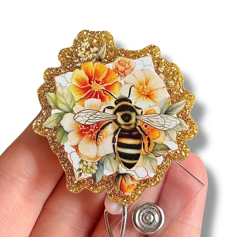 Glitter My Badge Honey bee badge reel for nurse and hospital workers. Badge clip Badge pull - Retractable swivel clip with a 360 rotation. Great gift for coworker.