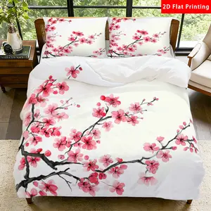 2/3 Pcs 2D Flat Watercolor Cherry Blossom Duvet Cover Set Cherry Blossom Bedding Set Quilt Cover 1 Duvet Cover + 1/2 Pillowcases Cherry Blossom Top Sheet Decorative Bedding Bedroom Decor