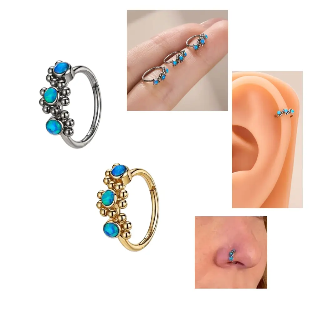 OUFER Triple Blue Opal 20G Hinged Segment Nose Hoop Ring