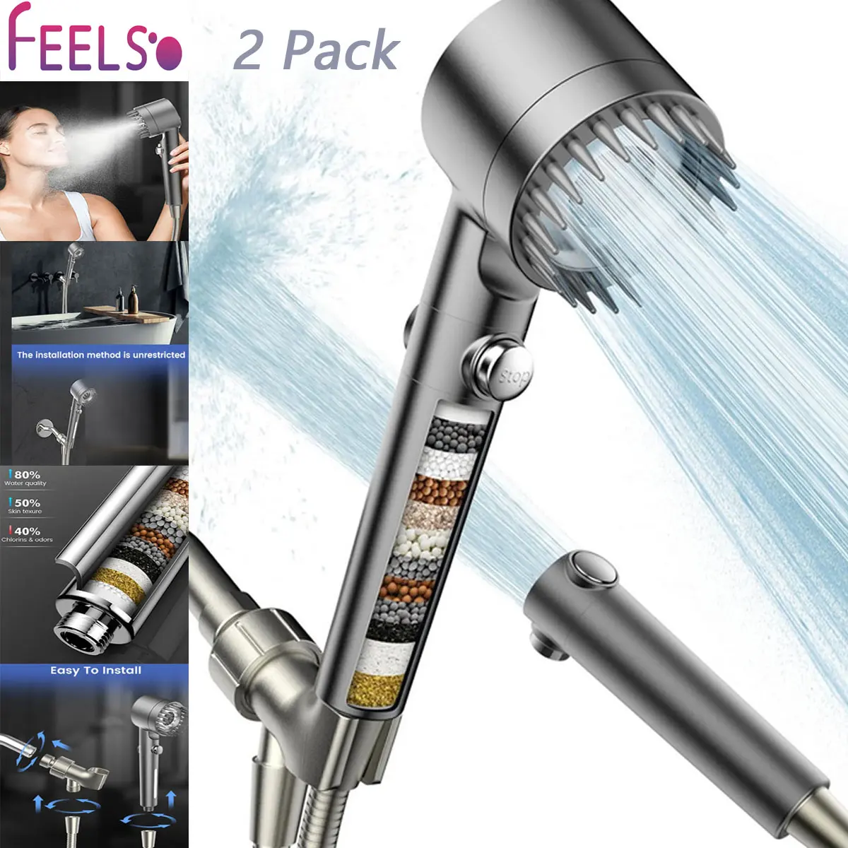FEELSO 2-Pack High-Pressure Filtered Adjustable Handheld Shower Head with Handheld Sprayer, 4-Function Shower Experience, 1.5m Hose, 360° Rotatable Bracket, Showerhead With Handheld Sprayer, High-Pressure Handheld Showers