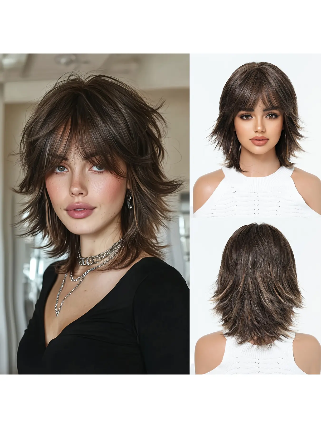 12-inch brown highlighted wig, Synthetic wig, a must-have for music festivals, party days, the parted bangs paired with a wolf tail layered cut create a cool and edgy look, easily adaptable to various occasions, Synthetic Fiber Wig