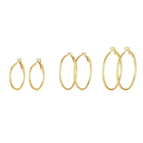 3-Pair Chunky Hoop Loop Earrings Stacking Set - 30/40/50mm, 14K Gold Plated Metal Coating, Sterling Silver Post, Hypoallergenic Unisex Accessories for Women, Gold Aesthetic Daily Costume Jewelry