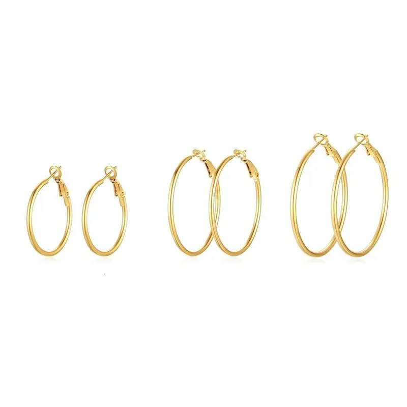 3-Pair Chunky Hoop Loop Earrings Stacking Set - 30/40/50mm, 14K Gold Plated Metal Coating, Sterling Silver Post, Hypoallergenic Unisex Accessories for Women, Gold Aesthetic Daily Costume Jewelry