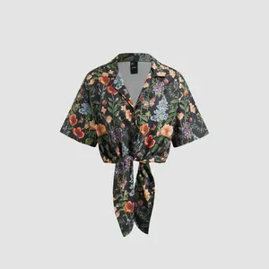 Cider [5 colors, size 0-26] Collar Floral Knotted Short Sleeve Blouse