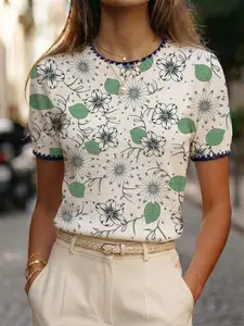 French Vintage Loose Round Neck Elegant Short Sleeve Knit Top, Multicolor Leaf Print, Summer Casual Women's Clothing, Knit Sweater