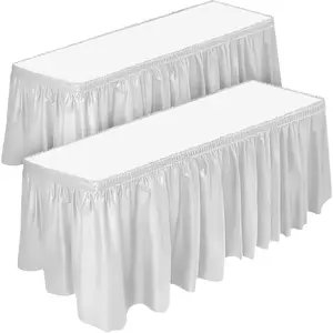 2 Pack Table Skirts, 29 in x 14 ft Each, Multi Pack, BPA Free Disposable Reusable Plastic Rectangular Tablecloth Skirt, White