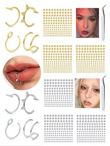 Fake Piercing Jewelry, Faux Lip Ring Set, Facial Jewelry, Studs, Accessories, Multi Use for Lip Eyebrow Nose Fake Piercing, Fake Tongue Piercing, Non Piercing Jewelry for Women & Men Daily Casual Wear, Stainless Steel