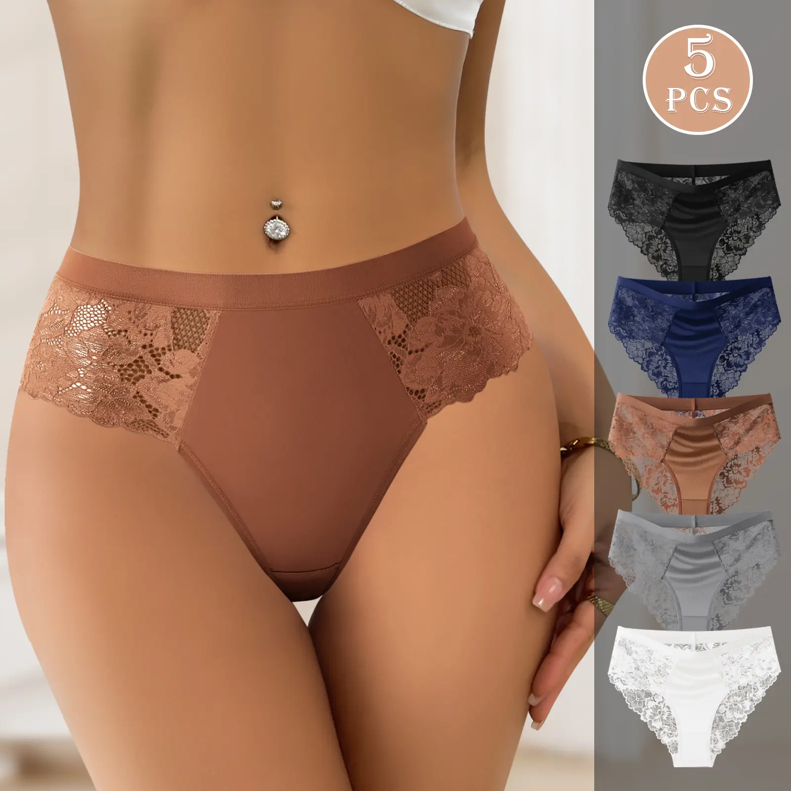 QUASTI 5-Pack Women's Mid-Rise Floral Lace Panty Style Briefs - Elegant Silky Fabric, Breathable Lightweight Fit, No-Roll Waistband, Non-Itchy, Comfortable Soft, Body-Friendly, Flat-Hip Colored Glossy Underwear