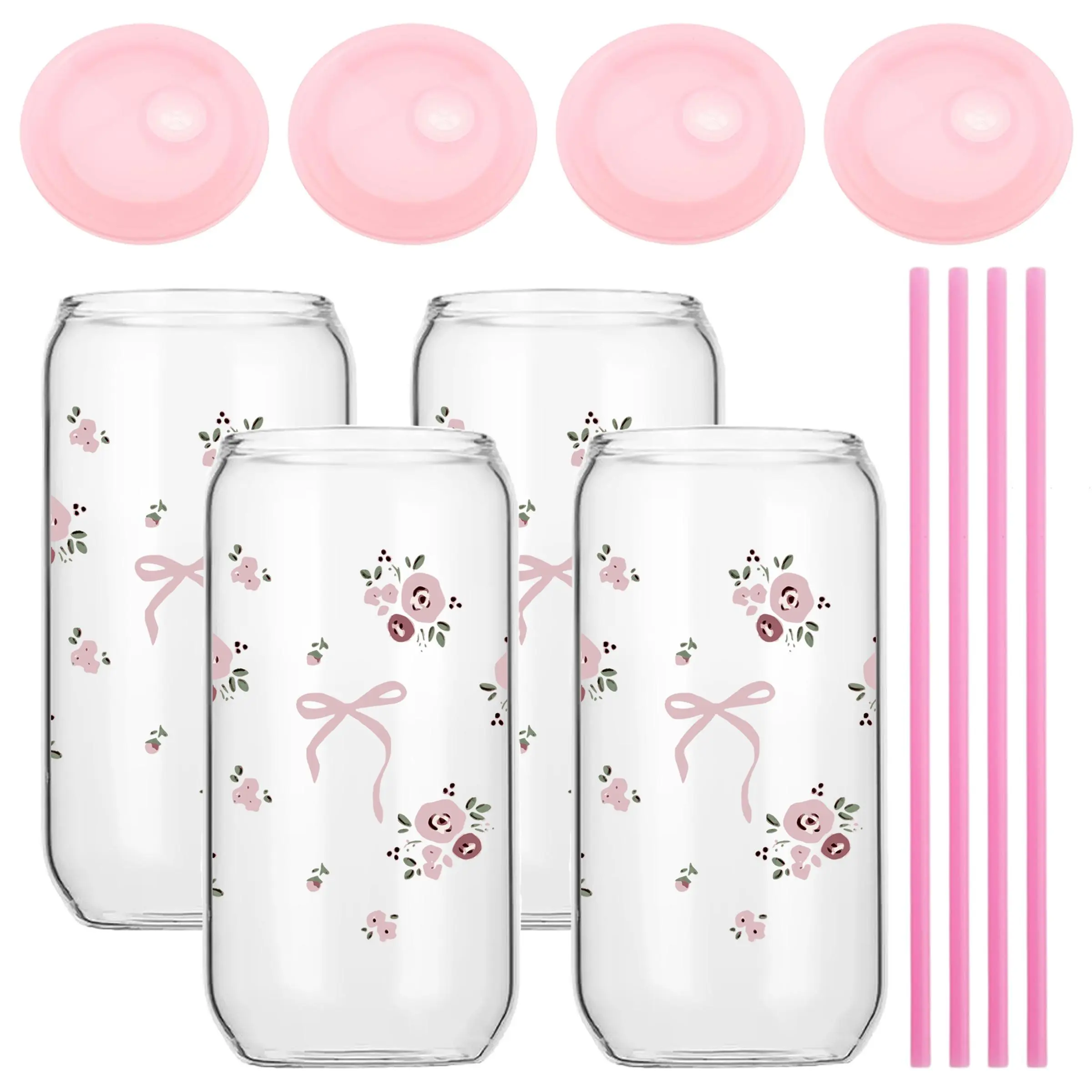 Rose & Bowknot Pattern Glass Cup with Lid & Straw, 1/4 Counts/set 16oz Vintage Rose & Bowknot Decorated Iced Coffee Cup, Reusable Smoothie Drinking Glasses, Drinkware, Stylish Glass Cups, Glassware, Glass Beverage Cups