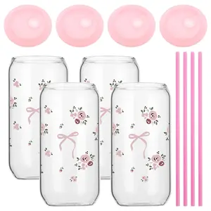 Rose & Bowknot Pattern Glass Cup with Lid & Straw, 1/4 Counts/set 16oz Vintage Rose & Bowknot Decorated Iced Coffee Cup, Reusable Smoothie Drinking Glasses, Drinkware, Stylish Glass Cups