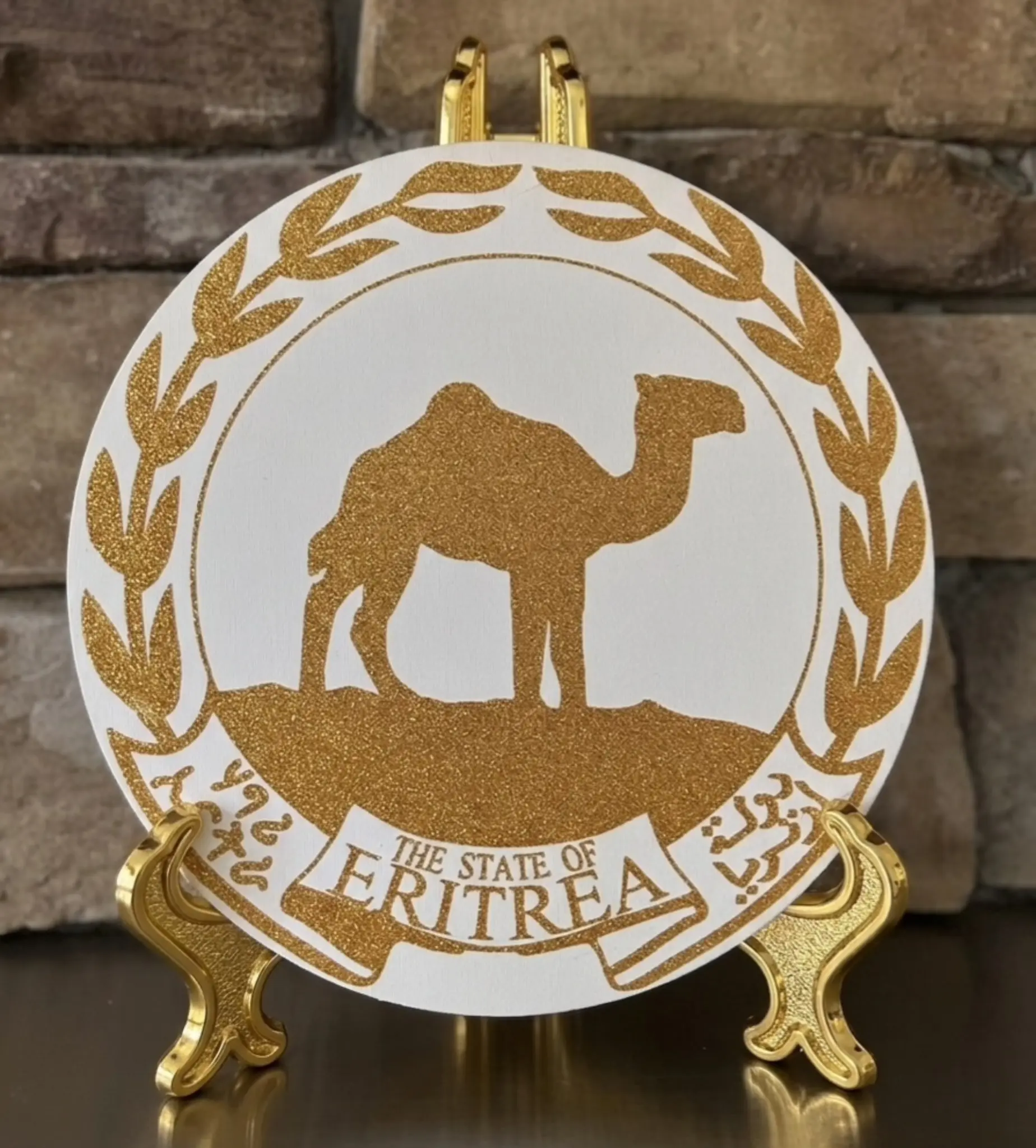 Handmade Gold Glitter Eritrean National Emblem Canvas Wall Art - 12-Inch Circular Cultural Decor Gift for Home or Office