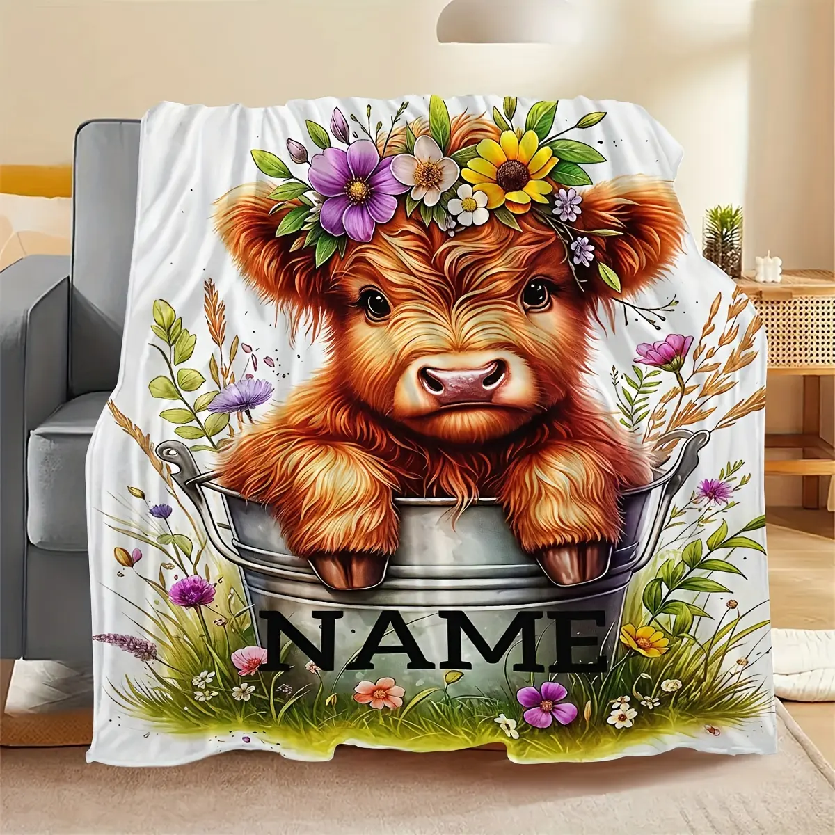 Text Customization Cute Highland Cow Pattern Thickened Printed Blanket - Customize Name, Create Your Own Unique Blanket, Multi-functional Suitable for Autumn and Winter, Wearable Blanket, Exclusive Gift for Family and Friends